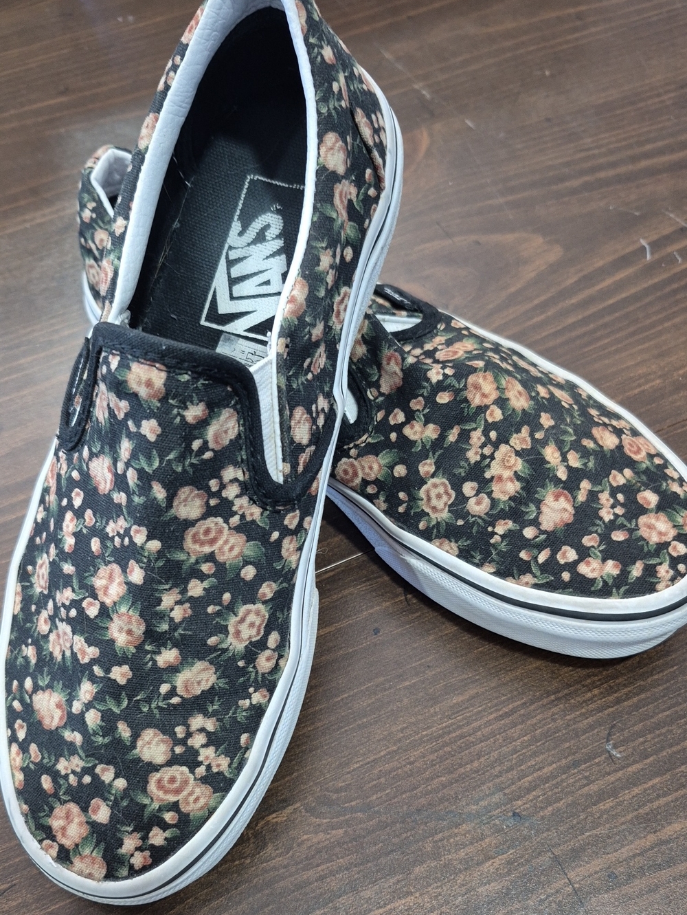 Vans Black Canvas Slip-On Sneakers with Peach Floral Print